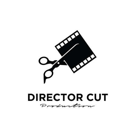 Director cut behind the scene editing Studio Movie Video Cinema Cinematography Film Production scissors that cut the film strip logo design vector icon illustration Isolated White Backgroundのイラスト素材