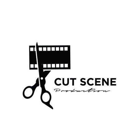 Director cut behind the scene editing Studio Movie Video Cinema Cinematography Film Production scissors that cut the film strip logo design vector icon illustration Isolated White Backgroundのイラスト素材