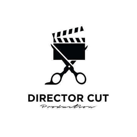 Director cut behind the scene editing Studio Movie Video Cinema Cinematography Film Production scissors that cut the film strip logo design vector icon illustration Isolated White Backgroundのイラスト素材