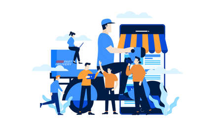 shopping online mobile application for smartphone concept illustration flat design. smart and fast delivery order shipping courier.のイラスト素材