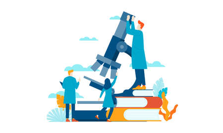 laboratory research flat illustration with several mini researchers, books and microscope simple flat designのイラスト素材