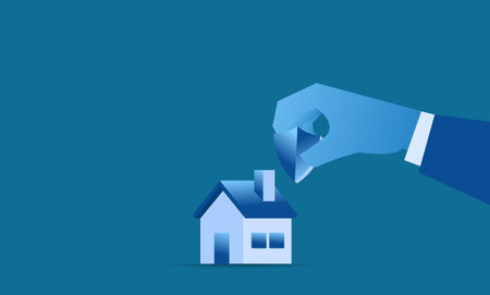 Home protection big hand holding shield for protecting tiny house for insurance presentation or bannerのイラスト素材