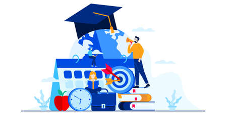 business management education with mini people flat illustration designのイラスト素材