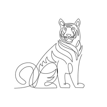 Tiger in one line drawing style. Abstract tiger wild animal contour outline background in black and white Vector illustrationのイラスト素材