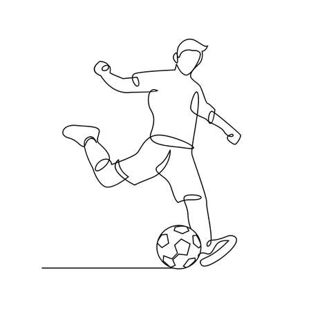 Continuous line drawing. Illustration shows a football player kicks the ball. Soccer. Vector illustrationのイラスト素材