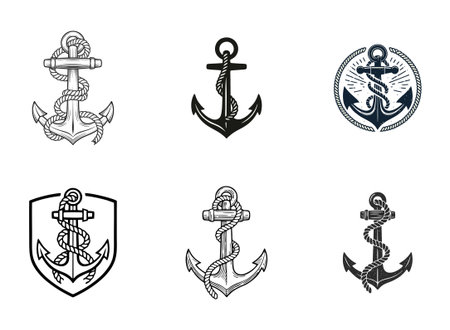 Six distinct anchor with rope illustrations in various styles, from detailed line art to distressed...