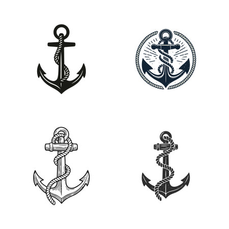 Four distinct nautical anchor illustrations, each with a rope, showcasing vintage and classic marine...