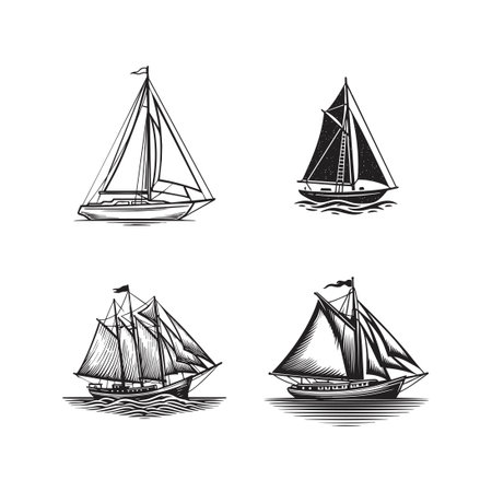 Four distinct sailboat and sailing ship designs rendered in a classic linocut style, ideal for...