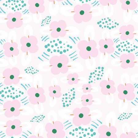 Light pink with pink flowers and teal dots seamless pattern background design.のイラスト素材