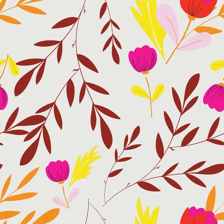 Creamy with pink flowers and brown leaves seamless pattern background design.のイラスト素材