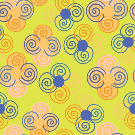 Highlight yellow with colourful swirling circle shapes seamless pattern background design.のイラスト素材