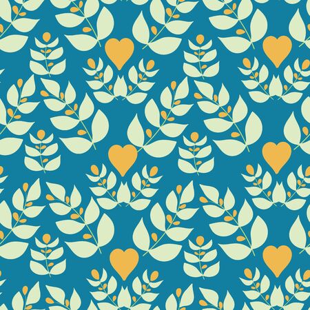 Aqua with folk like motifs and yellow hearts seamless pattern background design.のイラスト素材