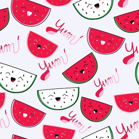 White with cute watermelon slices seamless pattern background design.のイラスト素材