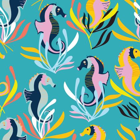 Light blue with an underwater scene with seahorses seamless pattern background design.のイラスト素材