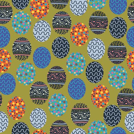 Khaki green with decorated easter eggs seamless pattern background design.のイラスト素材