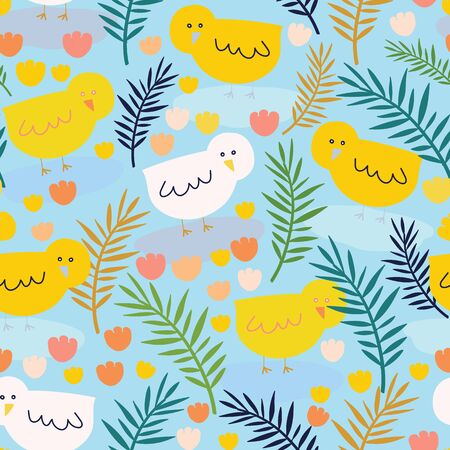 Light blue with cute whimsical Easter baby chicks seamless pattern background design.のイラスト素材