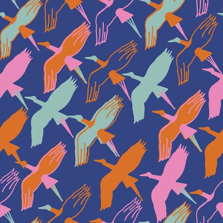 Dark blue whimsical birds seamless pattern background design.のイラスト素材