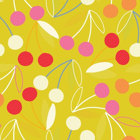 Mustard colour with cherries seamless pattern background design.のイラスト素材