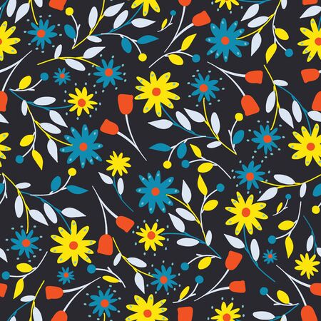 Dark with colourful flower elements seamless pattern background design.のイラスト素材