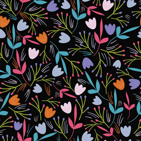 Dark Blue with small ditsy florals and marks seamless pattern background design.のイラスト素材