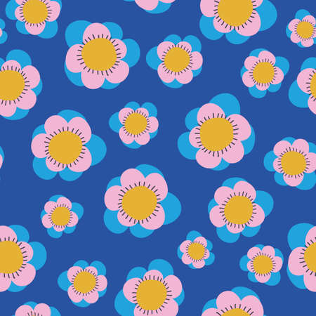 Blue with whimsical funky florals seamless pattern background design.のイラスト素材