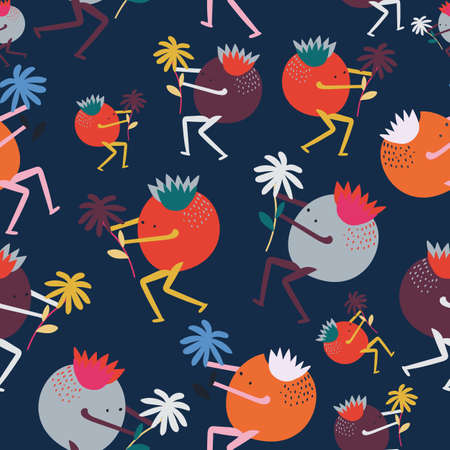 Dark Blue with cute berry characters seamless pattern background design.のイラスト素材