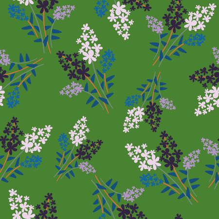 Green with pink and purple, white and blue flowers seamless pattern background design.のイラスト素材