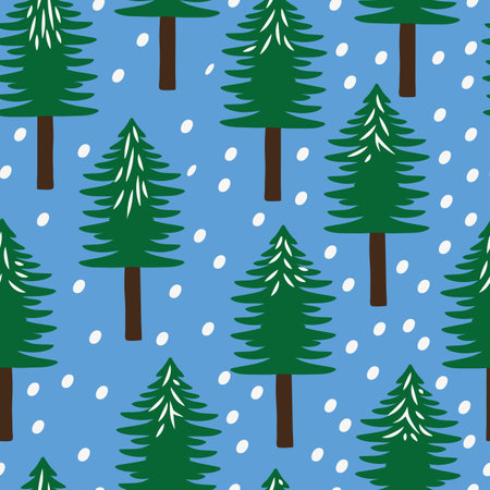 Blue with whimsical green Christmas trees and snow seamless pattern background design.のイラスト素材