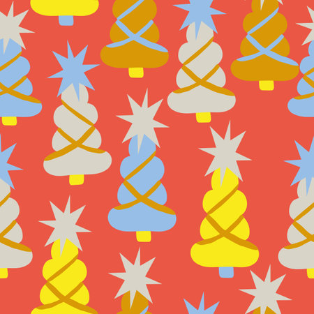 Red with whimsical Christmas trees seamless pattern background design.のイラスト素材