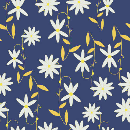 Blue with decorative white daisy flowers seamless pattern background design.のイラスト素材
