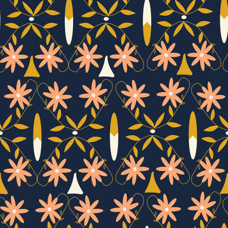 Dark blue with orange flowers and abstract shapes seamless pattern background design.のイラスト素材
