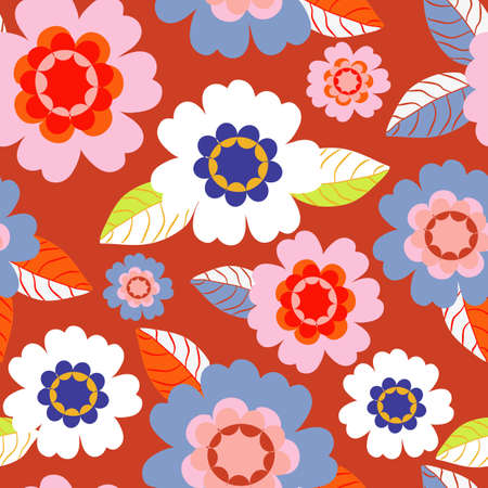 Dark Red with whimsical white, pink and baby blue flower elements seamless pattern background design.のイラスト素材