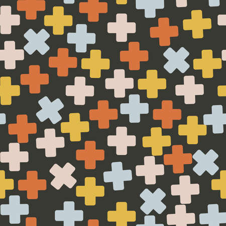 Black with pink, yellow, baby blue, orange cross seamless pattern background design.のイラスト素材