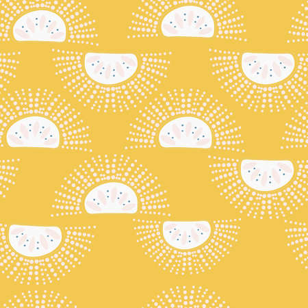 Yellow with white sun shapes with white sun rays seamless pattern background design.