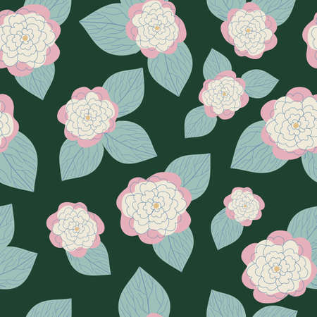 Green with whimsical white and pink rose flower like elements seamless pattern background design.のイラスト素材