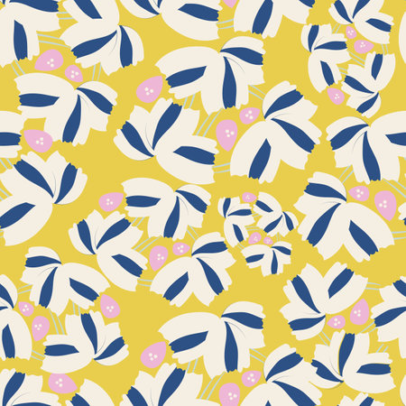 Yellow with light cream with blue stripes and pink abstract shapes seamless pattern background design.のイラスト素材