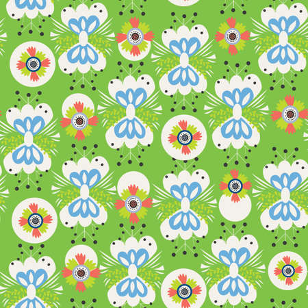 Lime green with a variety of geometric shapes like circles and flower like elements seamless pattern...