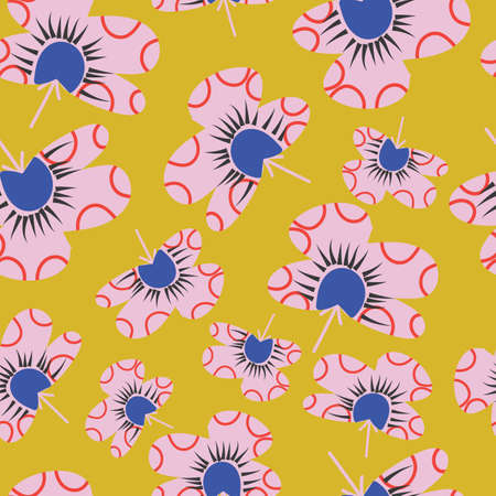 Yellow Mustard with whimsical pink flowers like shapes with blue centres seamless pattern background design.のイラスト素材