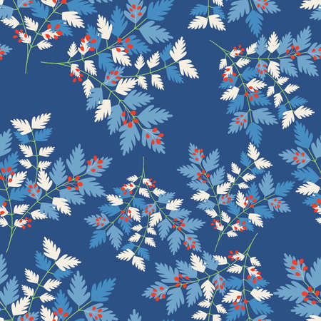 Dark Blue with red berries white and blue fern like leaves seamless pattern background design.のイラスト素材
