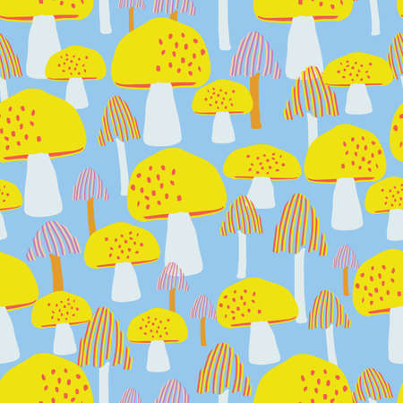 Light blue with yellow and orange mushrooms with stripes and dots seamless pattern background design.のイラスト素材