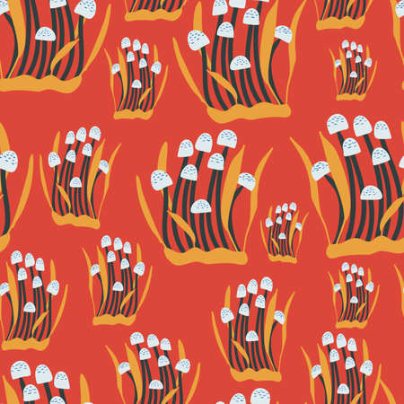Red with blue long stem simple flowers seamless pattern background design.のイラスト素材