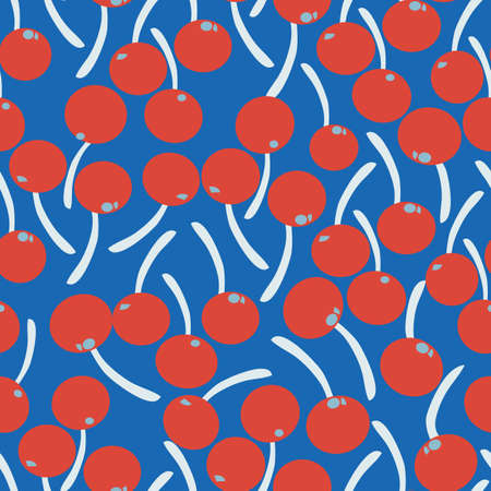 Blue with red cherries and white stems seamless pattern background design.のイラスト素材
