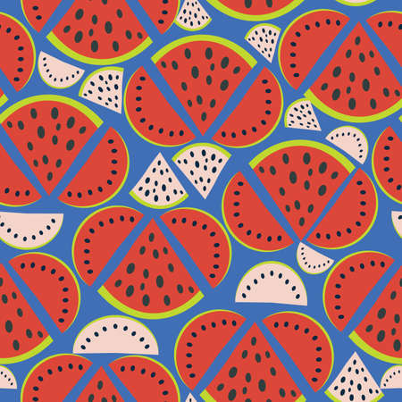 Blue with half and quarter watermelon slices with black seeds seamless pattern background design.のイラスト素材