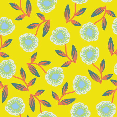 Yellow with baby blue floral elements and red stems seamless pattern background design.のイラスト素材