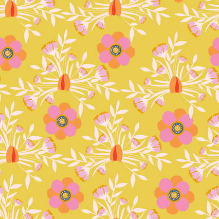 Mustard with whimsical flower elements with their white decorative leaves seamless pattern background design.のイラスト素材