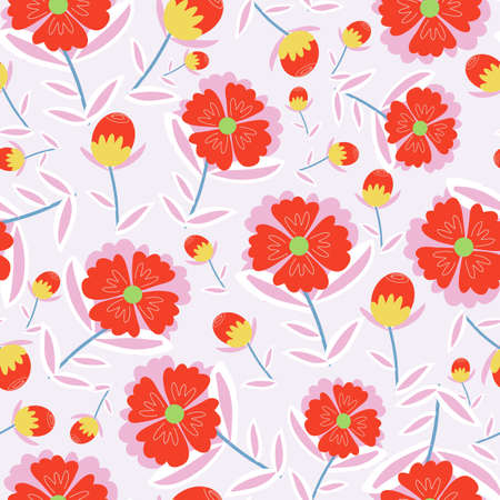 White with whimsical red flower elements with their long stems and small leaves seamless pattern background design.のイラスト素材