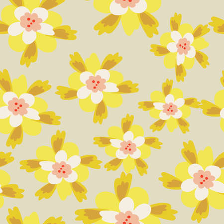 Light Mustard with whimsical yellow flower elements with their sunny yellow decorative leaves seamless pattern background design.のイラスト素材