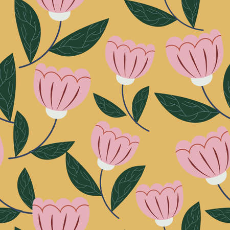 Yellow with pink flowers and green leaves seamless pattern background design.のイラスト素材