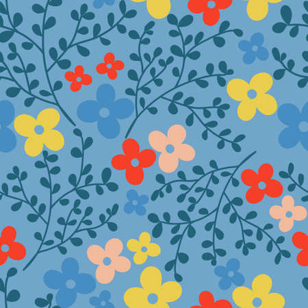 Baby Blue with yellow, pink and red simple flowers and their branches seamless pattern background design.のイラスト素材