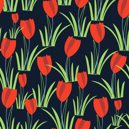 Black with red tulip flowers and long green leaves seamless pattern background design.のイラスト素材